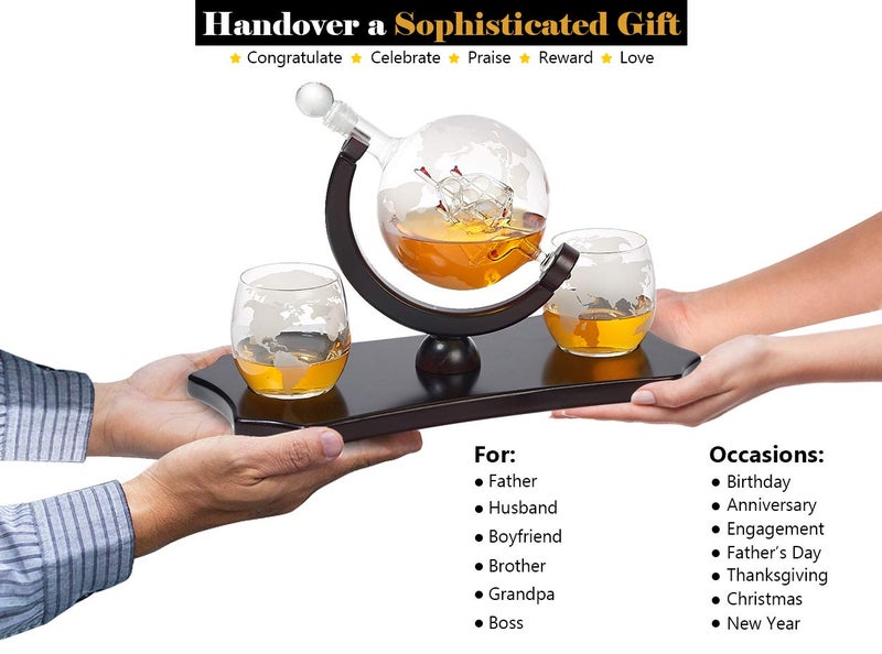 Bezrat Globe Whiskey Decanter Set - + 2 Whisky Glasses on Rich Wood Classic Mahogany Base Tray - Gift Packaging - Antique Ship Whiskey Dispenser for Liquor Scotch Bourbon - Christmas Holiday Gift - Image 3